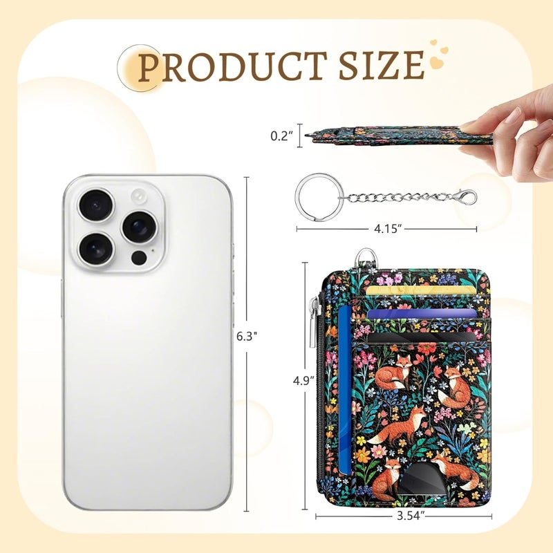 Kelvoris Cute Fox Flowers Credit Card Holder Small Wallet Women, Slim RFID Blocking Wallet Woman Keychain with Zipper Coin Pocket, Front Pocket Thin Travel Card Case Organizer ID Window Ladies Gifts - Image 5